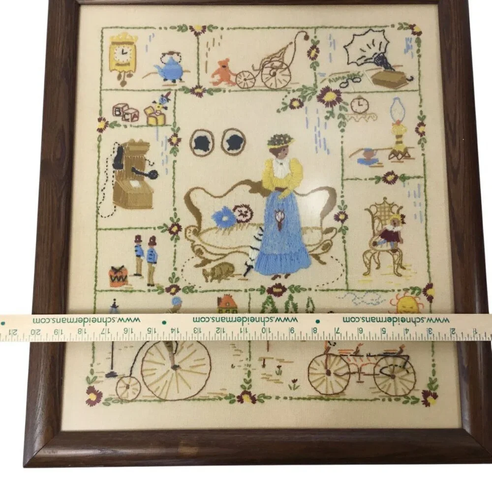 Vtg Finished Framed Crewel Embroidery Spinnerin Nostalgia 326 Elaine Thompson
